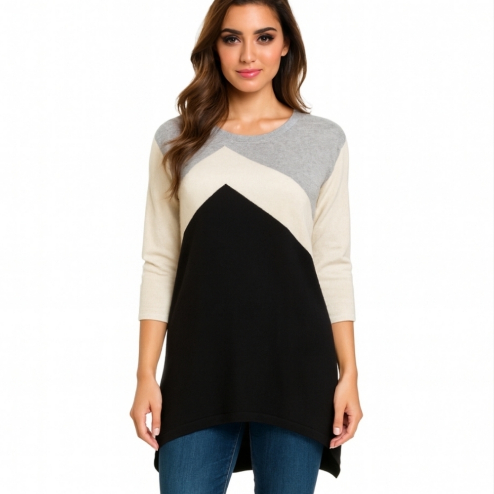 Cashmere Crewneck Tunic Top - Black, Cream & Gray